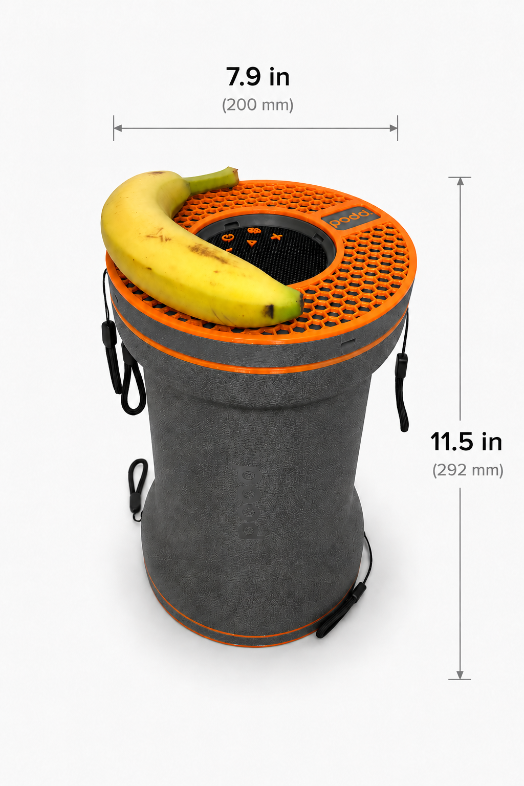 podd. dimensions shown with phone and cup for scale